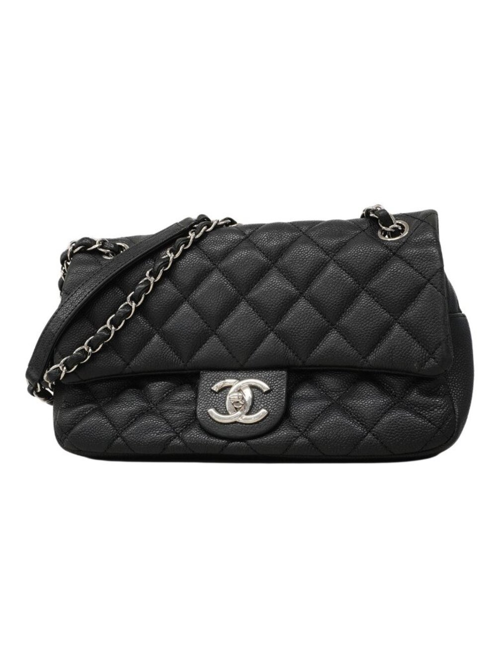 Chanel Shoulder Bag Quilted Caviar Leather Black Silver